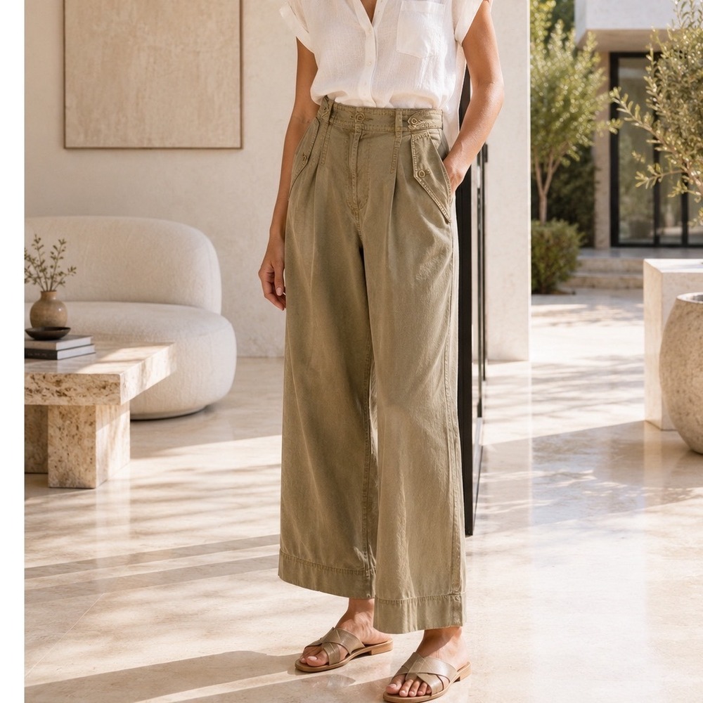 Ulla‎ Johnson Dune Pants Women 4 Khaki Sahara High Waist Wide Leg Cotton Twill